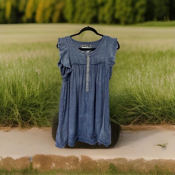 Free People Tops - Free People Shirt We The Free XSmall Blue Ridge Indigo Chambray Top Tunic Ruffle